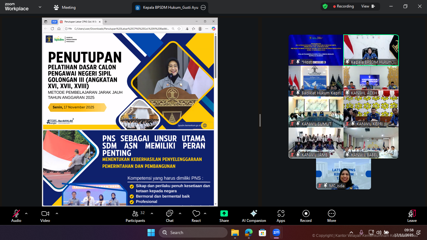 Latsar CPNS Kementerian Hukum Tahun 2025 Resmi Ditutup, Dua Peserta Kepri Raih Predikat Terbaik